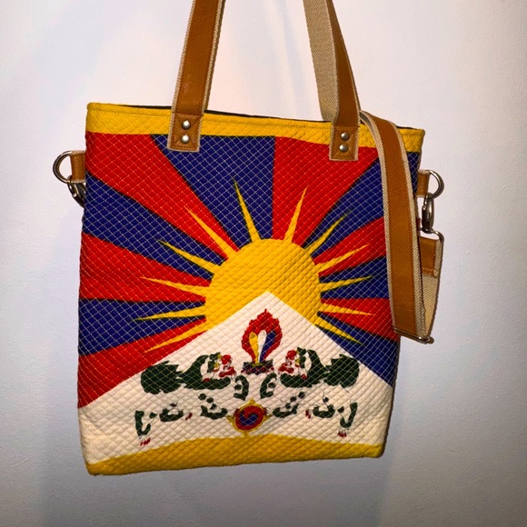 Handmade Tibetan Tote Bag with Leather Handles and an Adjustable Strap. - Picture 2 of 3